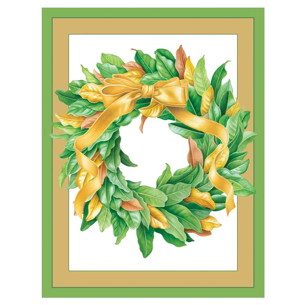 Magnolia Leaf Wreath Christmas Cards in Cello Pack - 5 Cards & 5 Envelopes