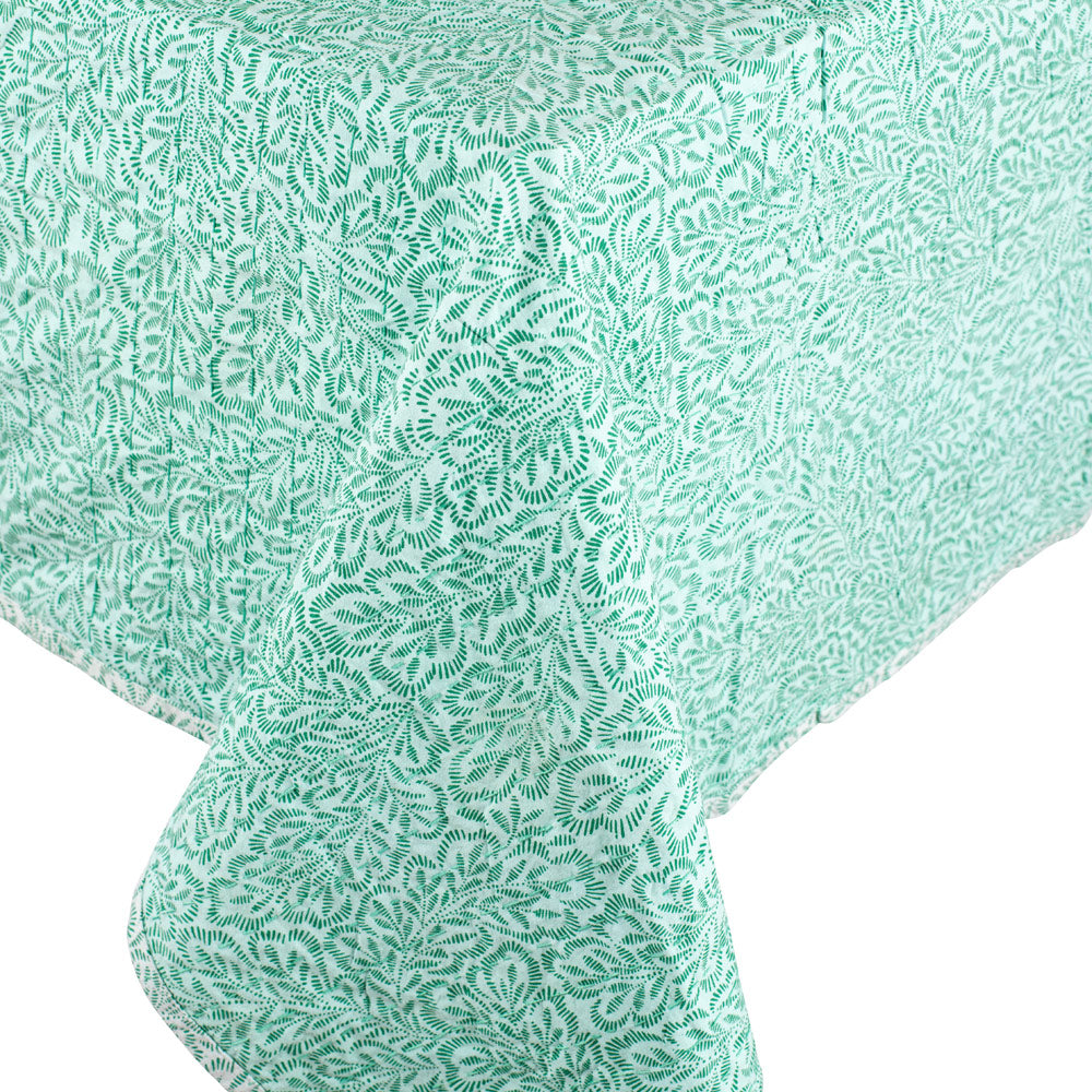 Reversible Kantha Table Cover in Green Block Print Leaves