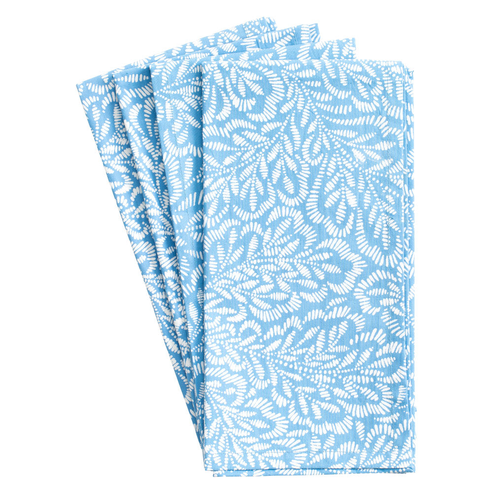 Block Print Leaves Cotton Dinner Napkins in Blue & White