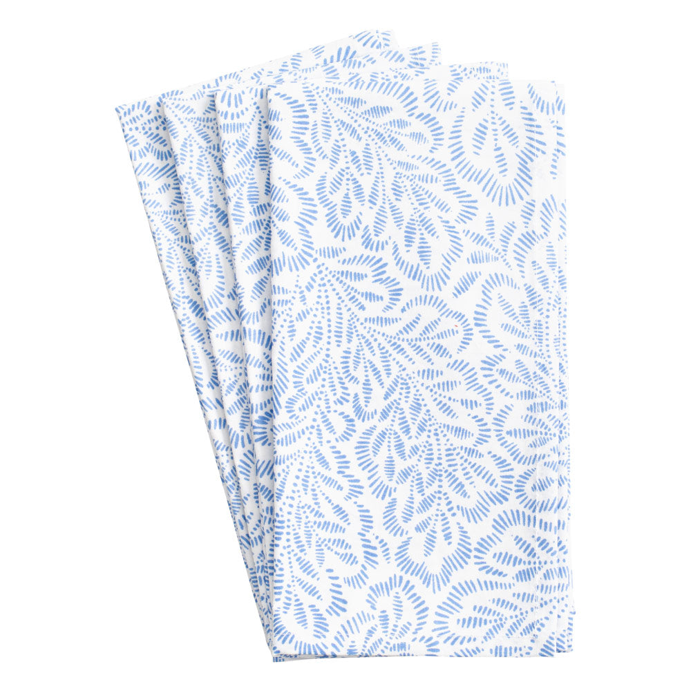 Block Print Leaves Cotton Dinner Napkins in White & Blue