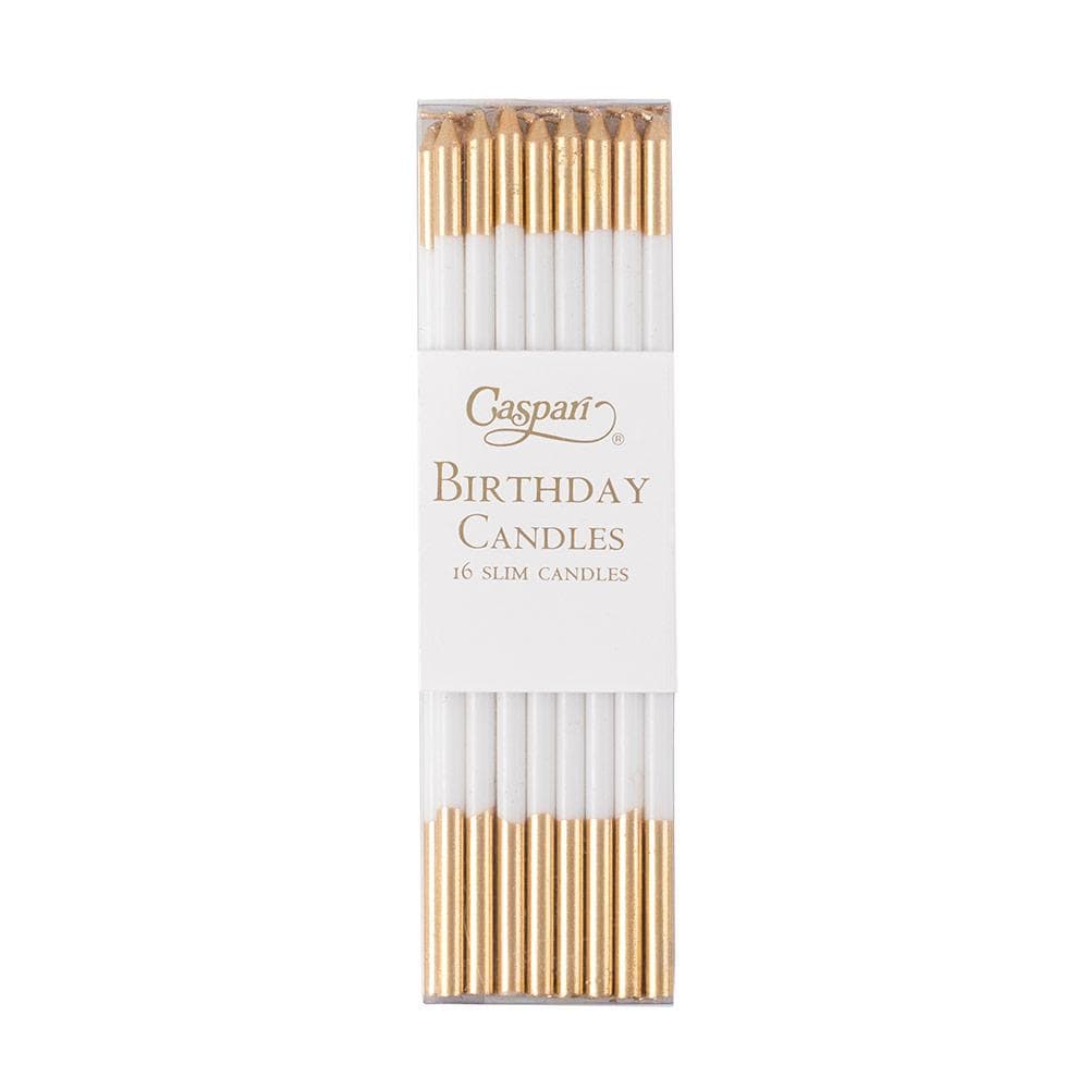 Caspari Slim Birthday Candles in White & Gold - 16 Candles Per Package CA1102