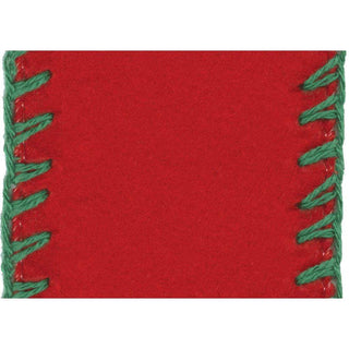 Caspari Wide Red Felt Wired Ribbon with Green Stitches - 4 Yard Spool R895