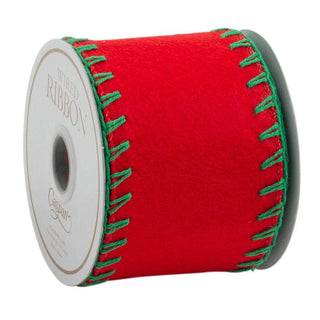 Caspari Wide Red Felt Wired Ribbon with Green Stitches - 4 Yard Spool R895