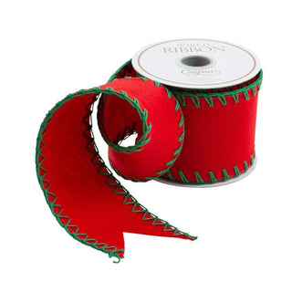 Caspari Wide Red Felt Wired Ribbon with Green Stitches - 4 Yard Spool R895