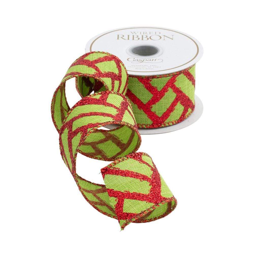 Caspari Green & Red Fretwork Wired Ribbon - 6 Yard Spool R904
